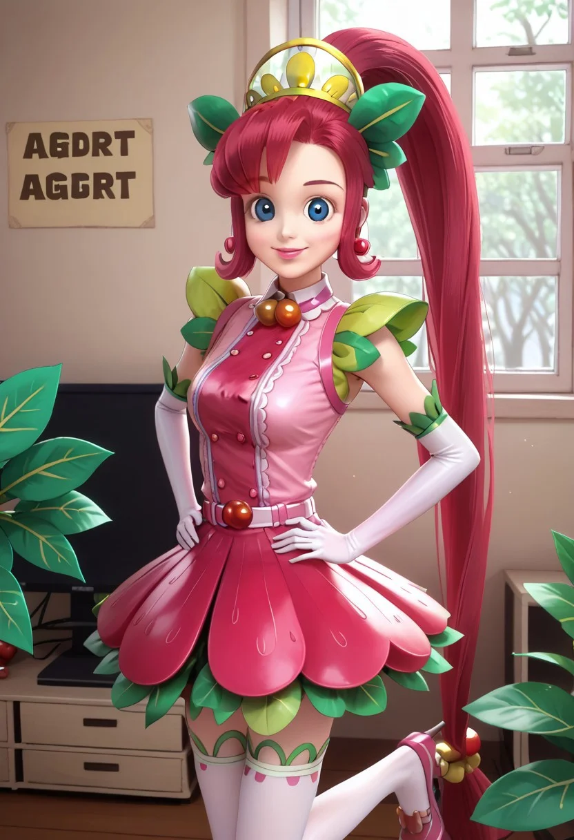 score_9, 1girl, Solo, SugarPang_HI, beige skin, blue eyes, raspberry hair, raspberry eyebrows, pink lips, very long hair, high curved ponytail, red metallic earrings, lemon tiara with leafs, white collar, metallic orange spheres necklace, white belt with a strawberry symbol, pink and hot pink top with buttons and stripes, sleeves fruit leafs, long white gloves, pink petal skirt, long white pantyhose, dark pink heels with leafs, standing, smile, hands on hips, looking at viewer, cowboyshot