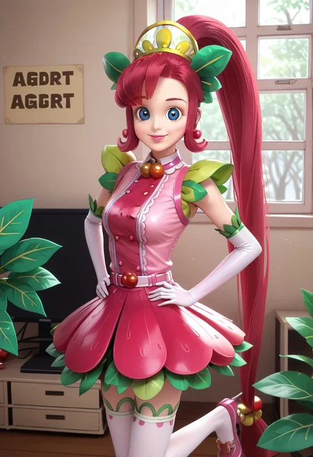 score_9, 1girl, Solo, SugarPang_HI, beige skin, blue eyes, raspberry hair, raspberry eyebrows, pink lips, very long hair, high curved ponytail, red metallic earrings, lemon tiara with leafs, white collar, metallic orange spheres necklace, white belt with a strawberry symbol, pink and hot pink top with buttons and stripes, sleeves fruit leafs, long white gloves, pink petal skirt, long white pantyhose, dark pink heels with leafs, standing, smile, hands on hips, looking at viewer, cowboyshot