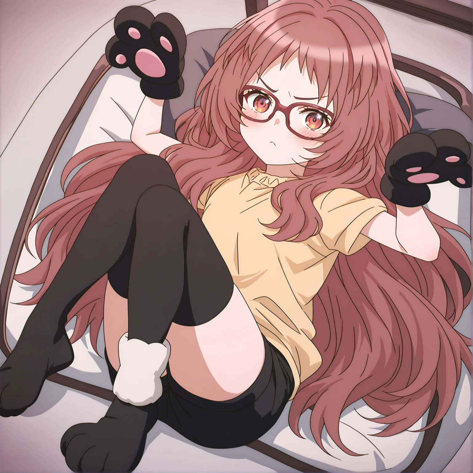 newest,absurdres,masterpiece,highres,<lora:noobai_ep11_stabilizer_v0.138_fp16:1>,mie ai,long hair,glasses,<lora:Mie Ai v1:1>,full body,cat paws,thighhighs,