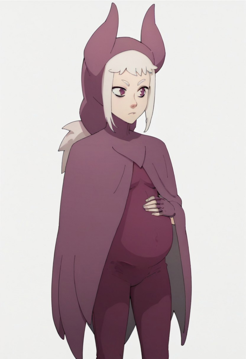 score_9, score_8_up, score_7_up, mononoke,  1girl, solo, pregnant, norawakfu, white hair, purple eyes, hood, horns, hood, horns, cloak, fingerless elbow gloves, bodysuit, cape, standing, holding belly, covered belly, covered navel, white background,