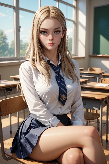 score_9, score_8_up, score_7_up,
<lora:REVRose:0.8>
REVRose, 1girl, blonde hair, long hair, blue eyes, looking at viewer, school uniform, classroom, sitting, crossed legs, on desk
