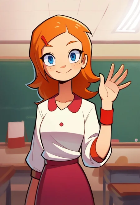 score_9, score_8_up, score_7_up, source_cartoon, 1girl, solo, heidiw, blue eyes, orange hair, hairclip, white shirt, sleeves past elbows, crimson skirt, wristband, looking at viewer, smile, waving, cowboy shot, indoors, classroom