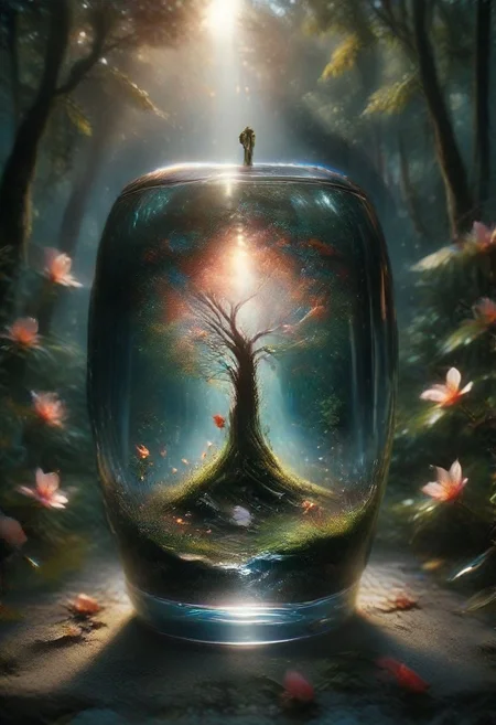 There a glass Apple sculpture, concealed inside is a picture of a beautiful Japanese landscape inside of it with pink trees and falling leaves, in the dark, detailed image, 8k, 8k high quality detailed art, the moon, perfect sphere, amazing wallpaper, digital painting highly detailed, 8 k hd detailed oil painting, beautiful art uhd 4 k, focus on glass apple, close up, bokeh, unfocused counter top background   Vibrant glass red apple, glossy surface, intricate details, vivid green leaves, miniature Adam and Eve figures inside, symbolic scene, ethereal atmosphere, zbrushcentral contest winner, cherry blossom tree background, meticulous craftsmanship, high realism, impeccable symmetry, 8K resolution, captivating colors, dynamic lighting, digital art masterpiece, by renowned artist, enchanting and thought-provoking composition.
More about Enchanted Glass Apple: A Digital MasterpieceA stunning digital artwork featuring a vibrant glass red apple with intricate details, containing miniature Adam and Eve figures. Set against a cherry blossom tree background, this piece showcases meticulous craftsmanship and high realism in an ethereal and symbolic scene.
#craftsmanship #digitalmasterpiece #ethereal #glassart #symbolism