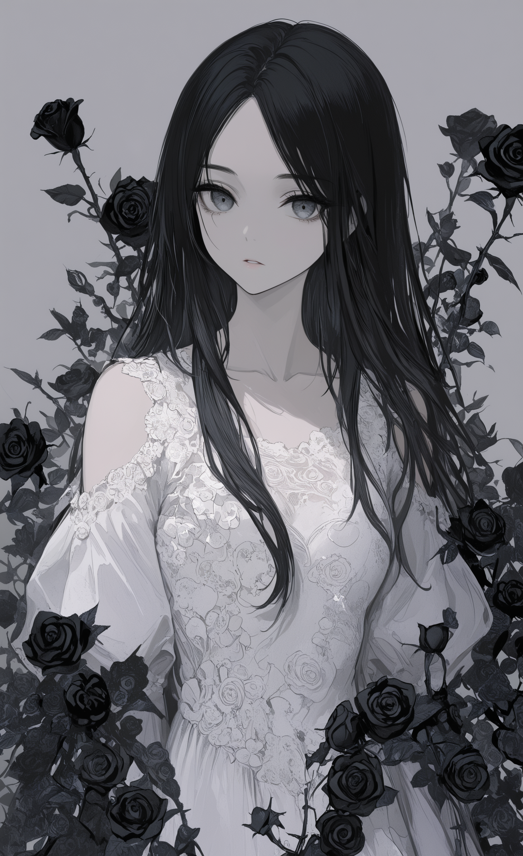 masterpiece, best quality, good quality, very awa, newest, highres, absurdres, 1girl, solo, long hair, looking at viewer, black hair, dress, collarbone, upper body, flower, parted lips, grey background, white dress, parted bangs, grey eyes, expressionless, rose, black flower, black roseï¼Shoulder cutout, detached sleeves, limited palette, <lora:illustriousXL_stabilizer_v1.23:0.3> <lora:NOOB_vp1_detailer_by_volnovik_v1:0.3> <lora:ponyv6_noobE11_2_adamW-000017:0.3> <lora:114558v4df2fsdf5:0.6> <lora:XXX667:0.4> <lora:mon_monmon2133:0.5>