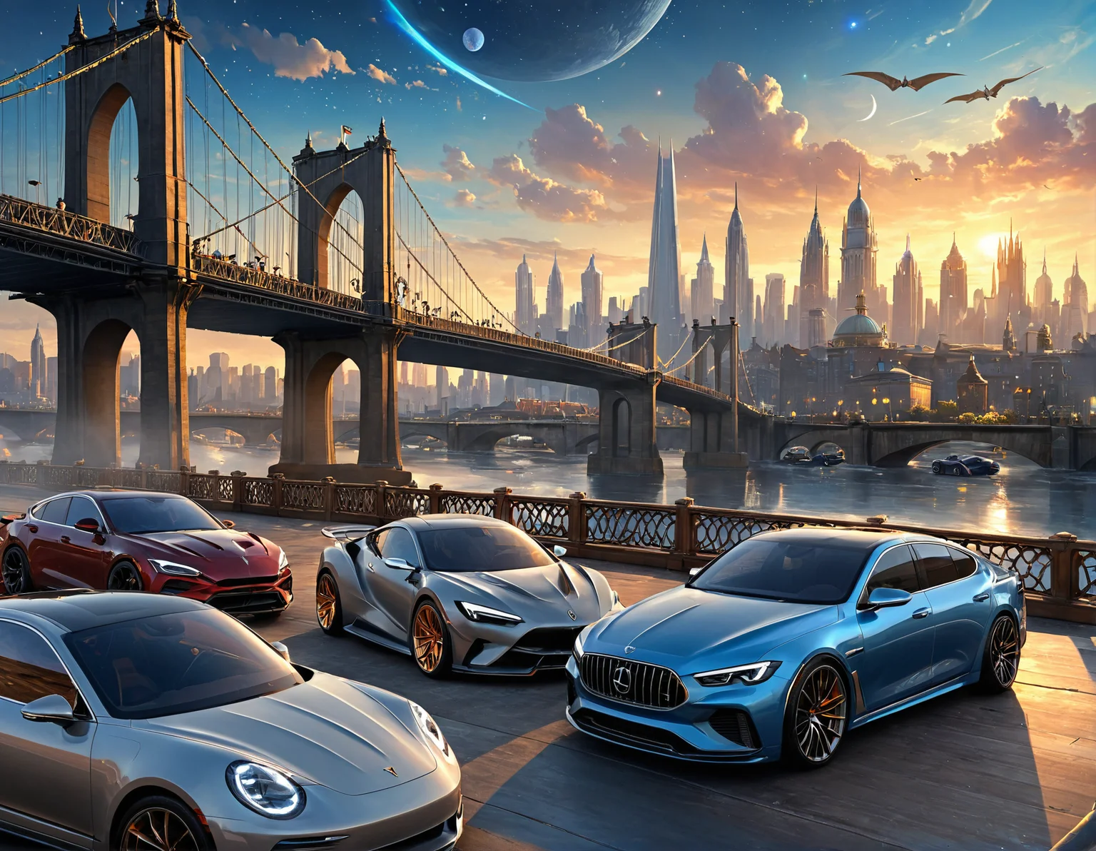 ethereal fantasy concept art of  <lora:Zoom_Cars:1>,Cornelisz Hendriksz Vroom,, a group of cars parked next to each other near a bridge and a city skyline in the background with a bridge in the background [25], . magnificent, celestial, ethereal, painterly, epic, majestic, magical, fantasy art, cover art, dreamy