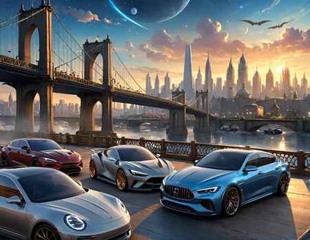 ethereal fantasy concept art of  <lora:Zoom_Cars:1>,Cornelisz Hendriksz Vroom,, a group of cars parked next to each other near a bridge and a city skyline in the background with a bridge in the background [25], . magnificent, celestial, ethereal, painterly, epic, majestic, magical, fantasy art, cover art, dreamy
