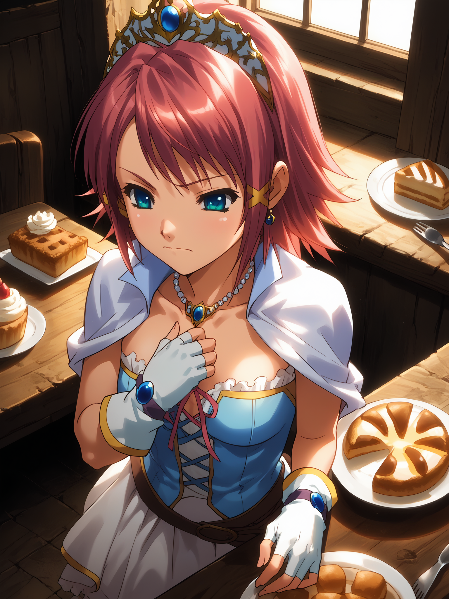 (cowboy shot, solo focus:1.2) <lora:happy_tentacle-asuka-v0.1-000035:1>, ht_asuka, wizard, tiara, white gloves, fingerless gloves (petite:1.2), <lora:Shed_The_Skin's StS_age_slider_v1_initial_release:-1> ( :1.1) jewelry, necklace, earrings, bracelet (perky breasts:1.2) ( (head back :0.8) , , ( :1.2) , (wavy mouth:0.8) , (looking at another:1.2) :1) , indoors, ((night, night sky :0.6), :0.8), ( window :0.9), (furniture:0.9), , , , , (gothic architecture :0.9) , bakery , (chair, table:0.5), (corn , beer :0.8) (( from above :1.1) :0.8) score_9, score_8_up, score_7_up, score_6_up, score_5_up, score_4_up, ( [(realistic, photorealistic:1.3):(realistic:1.2):16] [(3d:1.2)::14] :1) <lora:LUUNA's Lunas-NijiJourney-SDXL-B2:0.35>, nijijourney <lora:prgfrg23's Counterfeit-V3.0 Style SDXL_LoRA_Pony Diffusion V6 XL:0.5> <lora:mfcg's mfcgXL:0.12> <lora:reweik's gyokai(himehajime)_PonyXL_style_v01:0.14>