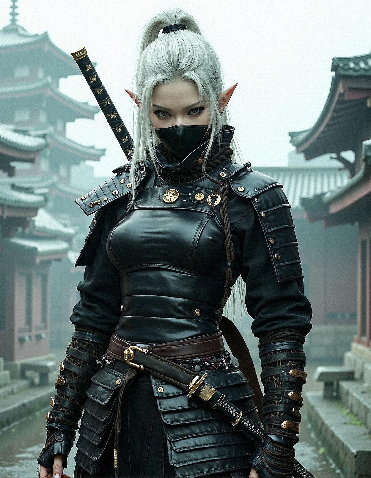 Depict a highly realistic portrait of a tall, imposing female elven ninja, clad in dark, layered samurai armor.Their silver-white hair is tied back, contrasting sharply with the black and gold elements of their attire. Only their piercing eyes are visible above a black face mask, adding an air of mystery and danger. The armor is meticulously detailed, with leather straps, metal plates, and gold accents that highlight the character's stature. The background is shrouded in mist, with the outlines of traditional Japanese architecture barely visible, enhancing the mystical ambiance. Soft, diffused lighting should capture the textures and details of the scene, bringing a sense of depth and realism to the character and their surroundings. dynamic_pose, aesthetic_pose, With one foot forward and one hand resting on a katana, her stance alert as the fog shifts around her.




