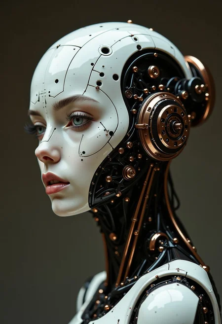 <lora:ck-Neurocore-Realistic-Cyborgs:1> in the style of ck-ncr, Portrait, wabi-sabi cyborg with black and white ceramic materials, intricate mechanical parts in copper color, head tiled,provocative Look, lips parted,shallow depth of field, vignette, (Fujicolor Superia X-TRA 400)