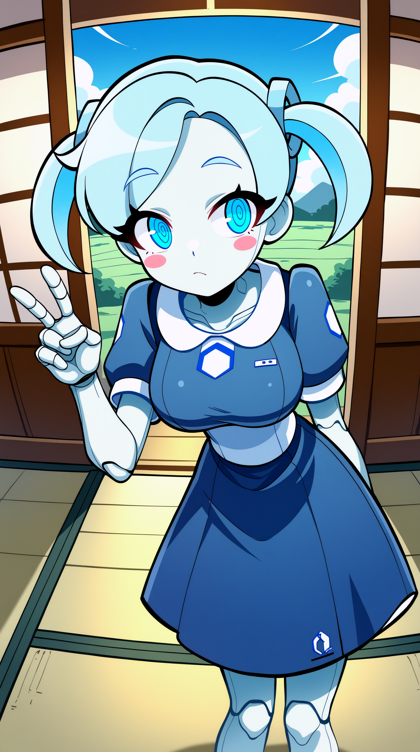masterpiece, best quality, amazing quality, aesthetic,  absurdres, best quality, 4k, upscale, indoors, tatami, sky, landscape,(dynamic pose, foreshortening), (pose), Robo-Alice, , robot, standing, humanoid robot,  1girl, colored skin, v, solo, android, joints, blush stickers, short sleeves, looking to the side, robot joints, twintails, short twintails, dress, blue eyes, ringed eyes, blue hair, medium breasts,  closed mouth, blue dress,   <lora:Robo-Alice_IL:0.8>