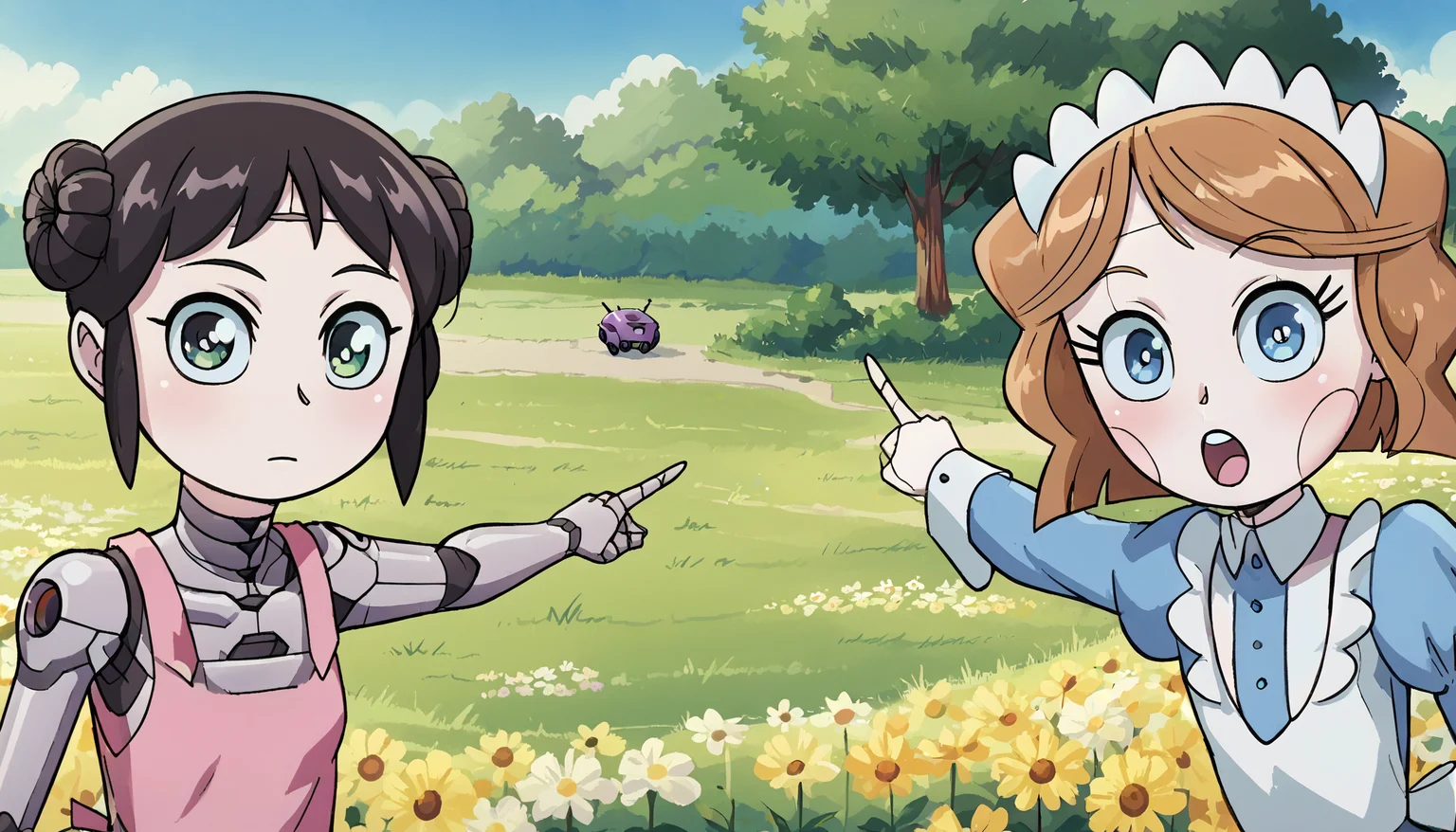 score_9_up,score_8_up,score_7_up,score_6_up,<lora:soyjacks:0.9>,soyjacks,pointing,open mouth,<lora:zy_Detailed_Backgrounds_v1:0.7>,extremely detailed,2girls,detailed background,field of flowers,
2girls,mina_wz,green eyes,eyelashes,black hair,double bun,hair bun,short hair,sidelocks,closed mouth,expressionless,android,pink dress,apron,white kappougi,black pantyhose,robot,mechanical parts,mechanical arms,mechanical legs,(pointing:1.1),looking at viewer,<lora:mina>,
2girls,emmytr,robot,brown hair,blue eyes,maid uniform,maid headdress,pointing,looking at viewer,<lora:Emmy_Emmy_the_Robot_commission:0.6>,