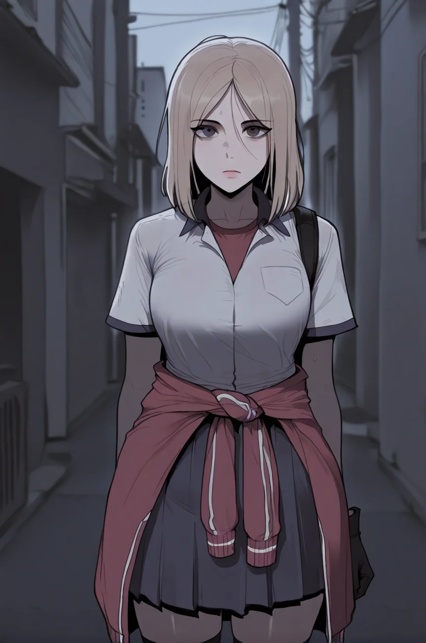 1girl, solo, looking at viewer, emotionless, outdoor, <lora:Floox_2.0:0.75>
BREAK
<lora:Shin_Yeong_Kang:0.85> Shin_Yeong, medium hair, blond hair, dark gray eyes, "burgundy sports jacket tied around waist, white short-sleeve blouse, pleated dark skirt, single gloves, knee-high black socks", masterpiece, best quality, amazing quality, very aesthetic, absurdres, newest,