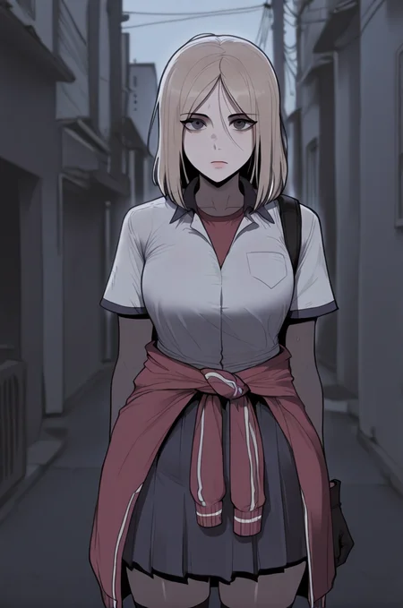 1girl, solo, looking at viewer, emotionless, outdoor, <lora:Floox_2.0:0.75>
BREAK
<lora:Shin_Yeong_Kang:0.85> Shin_Yeong, medium hair, blond hair, dark gray eyes, "burgundy sports jacket tied around waist, white short-sleeve blouse, pleated dark skirt, single gloves, knee-high black socks", masterpiece, best quality, amazing quality, very aesthetic, absurdres, newest,
