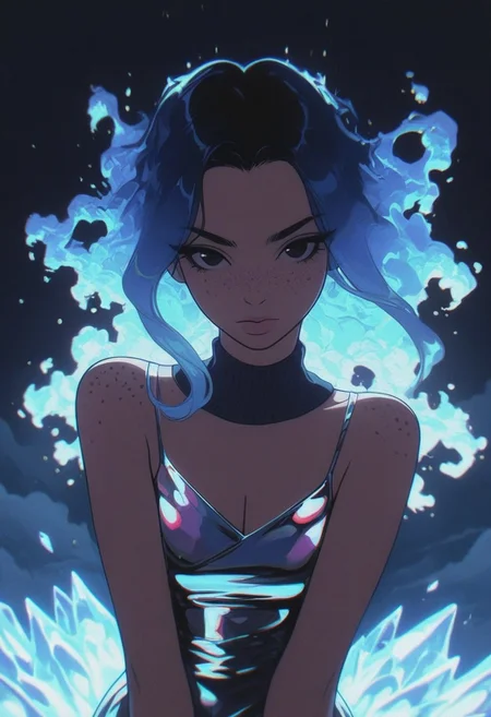 SPNGS, (masterpiece), (best quality), (ultra-detailed), amazing quality, very aesthetic, illustration, perfect composition, intricate details, absurdres, incredibly absurdres, shiny skin, realistic, 1girl, solo, hair, translucent hair, blue hair, upper body, iridescent hair, long hair, black eyes, elegand minimalist dress, looking at viewer, shiny, artist name,dynamic pose, artistic pose, fluffy ice clouds,freckles,((glowing)) ice, strong light,facing viewer, [:sweater underneath,:0.15]