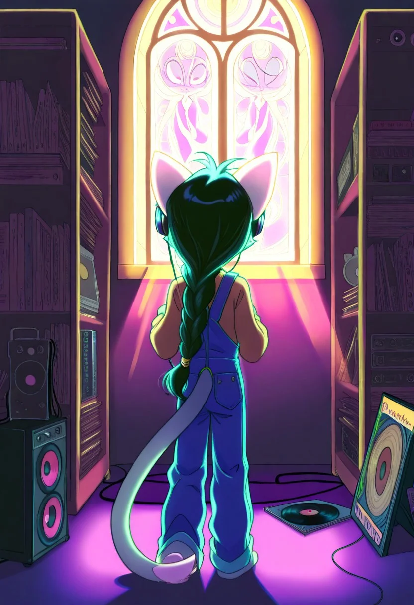 score_9, score_8_up, score_7_up,lilith_calah,
1girl,solo,furry,tail,dark green hair, source_furry,
,<lora:lilith_calah_illustrious:0.8>,
kid, child,
in retro overalls organizes vinyl records, humming to a jazz tune. A lazy cat naps atop a speaker, and sunlight filters through stained-glass window decals, record_player, vinyl, cat, overalls, stained_glass, sunlight, retro, speaker, music_notes, braided_hair, cozy_atmosphere, bookstore, messy_hair, headphones, nostalgia
