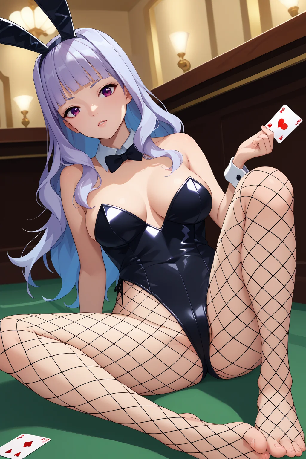 score_9, score_7_up, source_anime, looking at viewer, parted lips, tknshj, medium breasts, blunt bangs, hair intakes, hairband, long hair, grey hair, purple eyes, playboy bunny, strapless leotard, black leotard, black bow, detached collar, fishnet pantyhose, wrist cuffs, on floor, sitting, holding card, indoors, feet,<lora:Hoseki_Idolmaster_TakaneShijou_PDXL_v1:1>