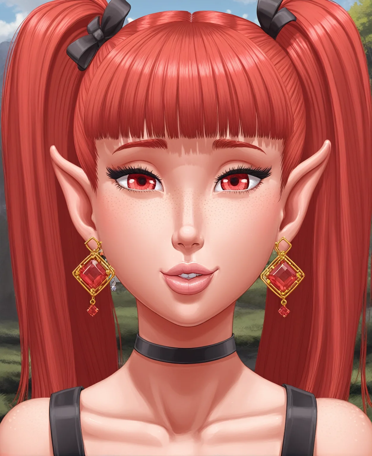 (majalis:1.2), (1boy, kylira:1.1), portrait, femboy, freckles, gem earrings, bangs, lips, parted lips, looking at viewer, eyelashes, black dress, pointy ears, red eyes, red hair, solo, square earrings, twintails <lora:majalis_style_sdxl:0.8>