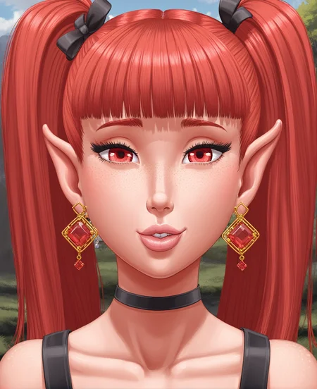 (majalis:1.2), (1boy, kylira:1.1), portrait, femboy, freckles, gem earrings, bangs, lips, parted lips, looking at viewer, eyelashes, black dress, pointy ears, red eyes, red hair, solo, square earrings, twintails <lora:majalis_style_sdxl:0.8>