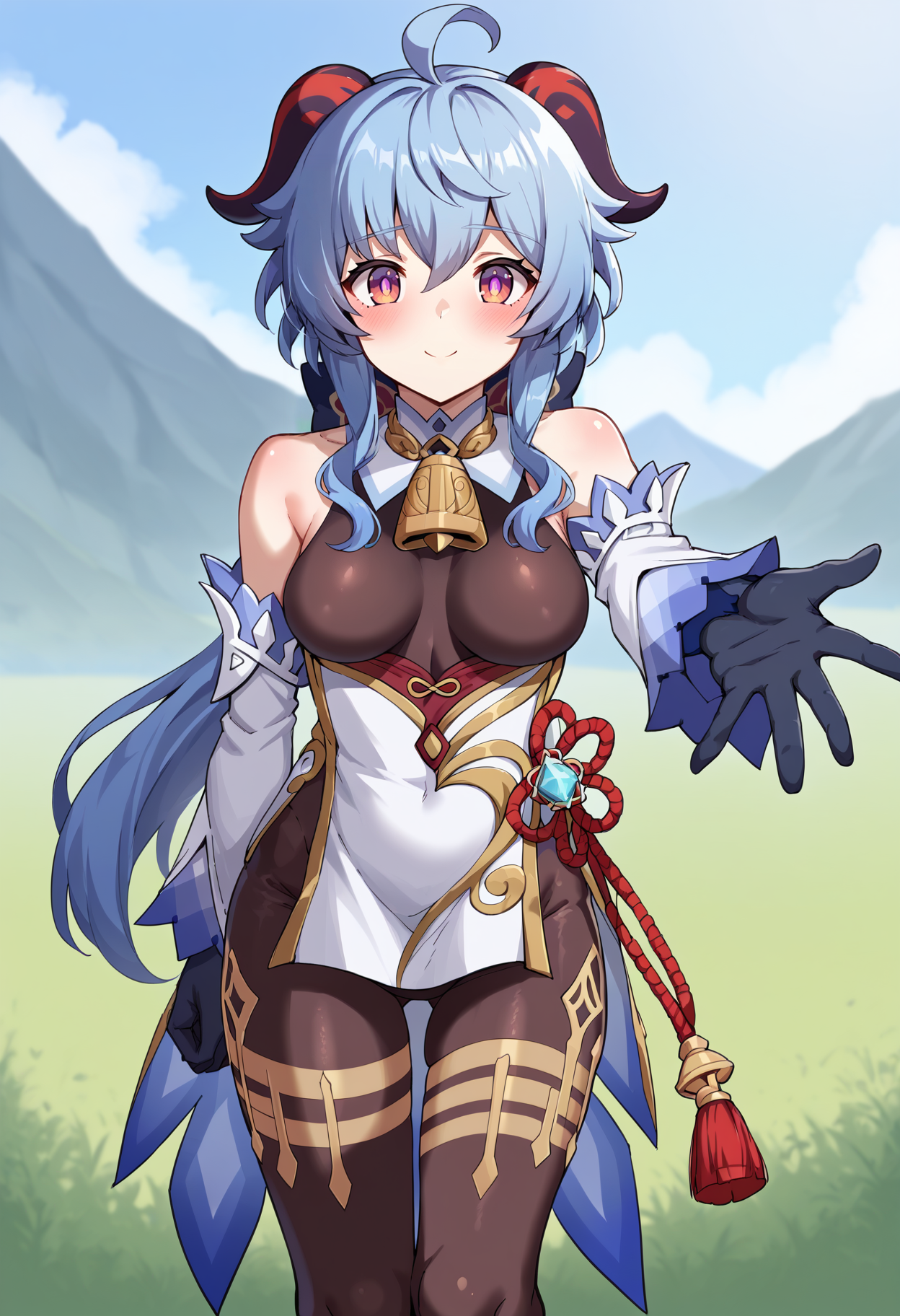 score_9, score_8_up, score_7_up,
BREAK
source_anime,
BREAK
1girl, ganyu \(genshin impact\), genshin impact, 1girl, blue hair, purple eyes,
bodysuit, smile, shy, long sleeves, detached sleeves, bell, mountain,( reaching towards viewer),
 <lora:Ayagi Daifuku-v1-PDXL:1>
