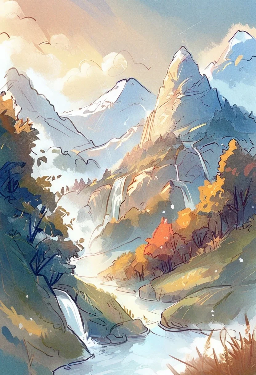 score_9, score_8_up, score_7_up, rating_safe, ncpy43 style, beautiful landscape with a waterfall and mountains, after the rain, double rainbow, dawn