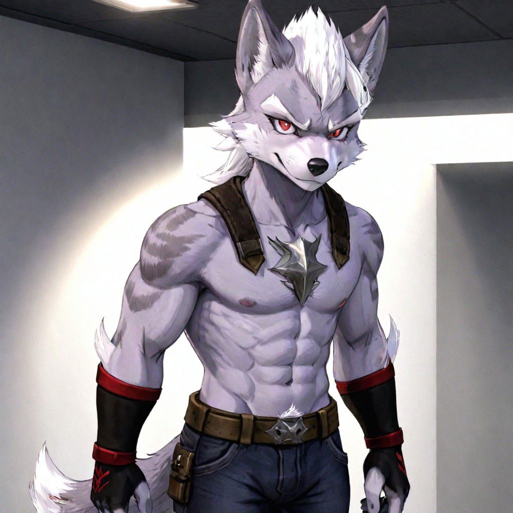 wolf o' donnel, shirtless, white hair, white mohawk hair style, white chest fur, red eyes, checky smile, penis bulge, tight pants, long tail
