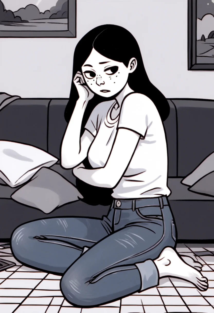 score_9, score_8_up, score_7_up, score_6_up, score_5_up, 1girl, solo, full body,
(source_cartoon),
<lora:Anya Borzakovskaya (Anya's Ghost):1>
Anya_B, pale skin, white skin, freckles, blush stickers, black hair, long hair, dark eyes,
jeans, denim,
(monochrome),
detailed background, indoors,
<lora:Expressive_H:0.7> Expressiveh,
<lora:add-detail-xl:0.9>