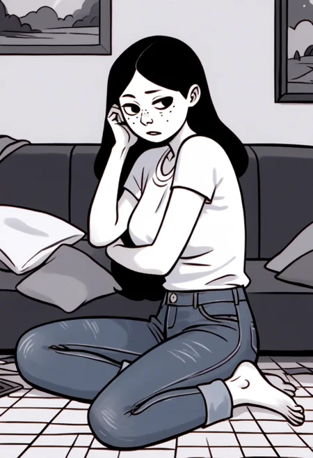 score_9, score_8_up, score_7_up, score_6_up, score_5_up, 1girl, solo, full body,
(source_cartoon),
<lora:Anya Borzakovskaya (Anya's Ghost):1>
Anya_B, pale skin, white skin, freckles, blush stickers, black hair, long hair, dark eyes,
jeans, denim,
(monochrome),
detailed background, indoors,
<lora:Expressive_H:0.7> Expressiveh,
<lora:add-detail-xl:0.9>