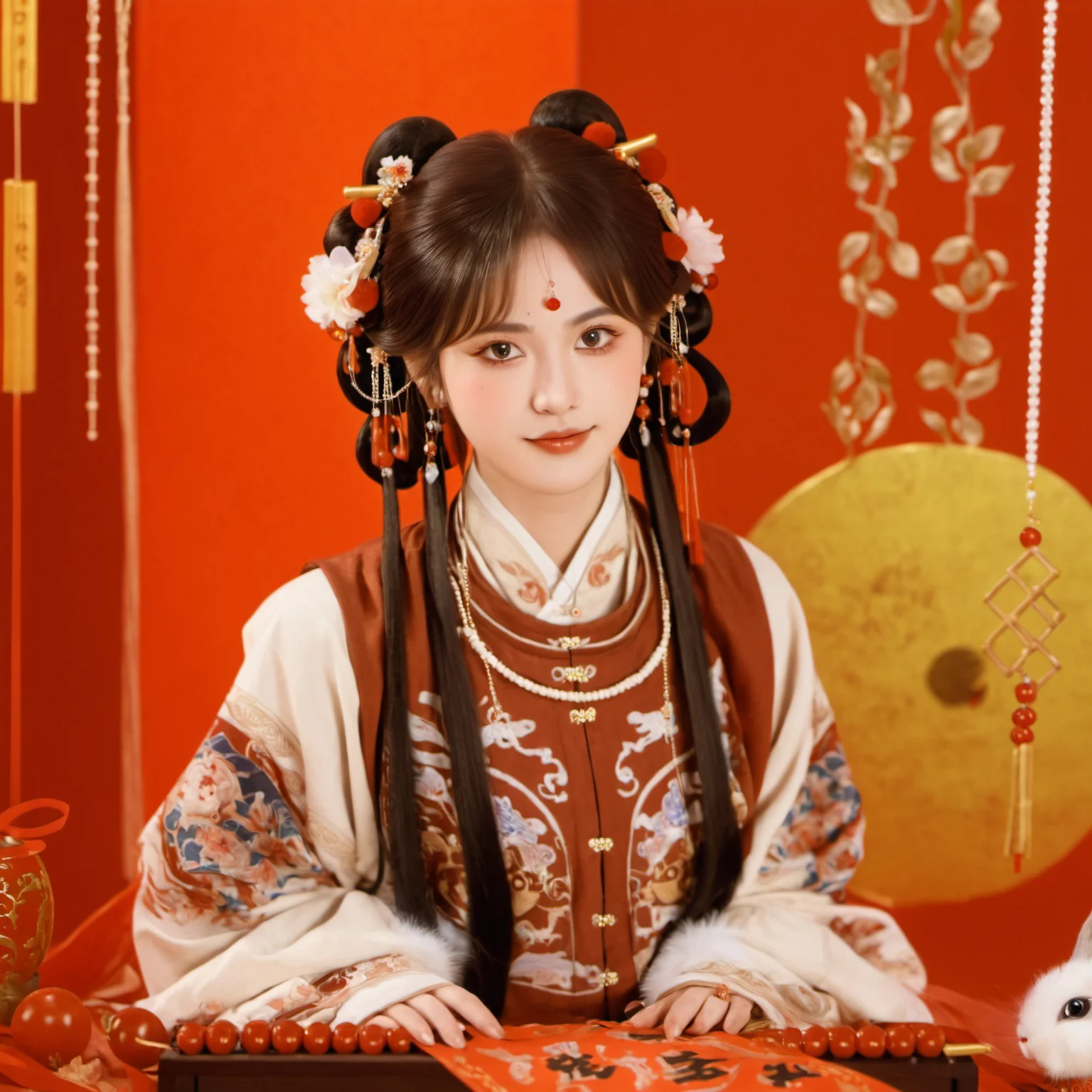 longnianhao,long4, 1girl, hair ornament, solo, flower, chinese clothes, red background, black hair, rabbit, looking at viewer, jewelry, realistic, blurry, hanfu, instrument, upper body, animal, necklace, hair flower, bangs, depth of field, long hair, beads, bug, hair rings, blurry foreground, earrings, butterfly, twintails, long sleeves, holding, dress, makeup, brown hair, food<lora:longnianhaosdxl-000010:0.8>