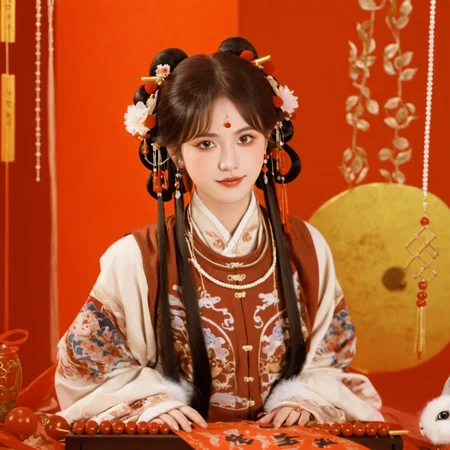 longnianhao,long4, 1girl, hair ornament, solo, flower, chinese clothes, red background, black hair, rabbit, looking at viewer, jewelry, realistic, blurry, hanfu, instrument, upper body, animal, necklace, hair flower, bangs, depth of field, long hair, beads, bug, hair rings, blurry foreground, earrings, butterfly, twintails, long sleeves, holding, dress, makeup, brown hair, food<lora:longnianhaosdxl-000010:0.8>