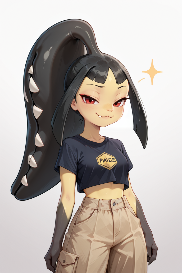 masterpiece, best quality, amazing quality, very aesthetic, detailed eyes, 2d, toony, simple drawing, BREAK, solo, 1girl, mawile, personification, cute fangs, black hair, red eyes, eyeliner, sidelocks, colored skin, yellow skin, two-tone skin, black skin, extra mouth, long hair, crop top, pants, smug, :3, half-closed eyes, looking at viewer, gradient background, <lora:Mawile (illust):0.9>