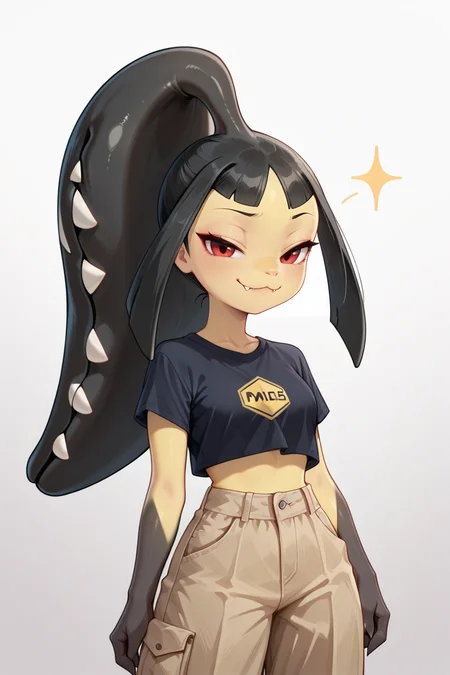 masterpiece, best quality, amazing quality, very aesthetic, detailed eyes, 2d, toony, simple drawing, BREAK, solo, 1girl, mawile, personification, cute fangs, black hair, red eyes, eyeliner, sidelocks, colored skin, yellow skin, two-tone skin, black skin, extra mouth, long hair, crop top, pants, smug, :3, half-closed eyes, looking at viewer, gradient background, <lora:Mawile (illust):0.9>