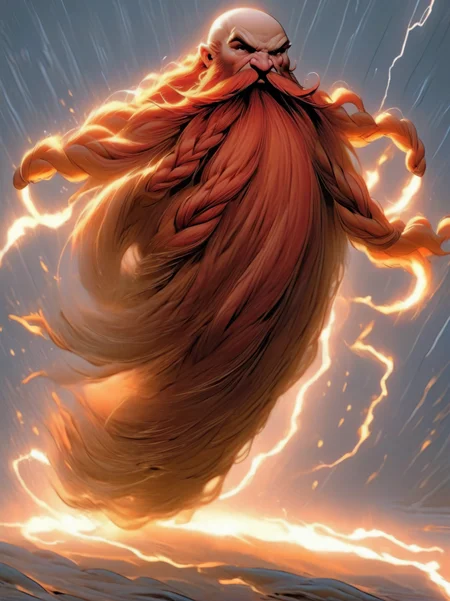 Harry_Dwarf, full body, dwarf-like character, flowing long red beard, braided moustache,bald, gold bangles, <lora:Harry_Dwarf:1>, <lora:add-detail-xl:0.8>,in a thunderstorm
