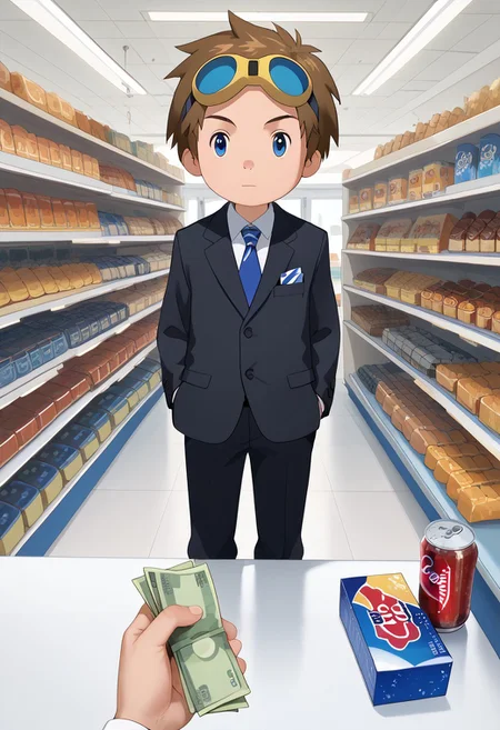 score_9, score_8_up, score_7_up, zPDXL2,
,full body
1boy, solo, goggles on head, brown hair,
Barbershop,black suit,holding money ,buying cola and multiple cookie box, convenience store,counters