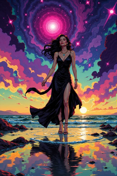 <lora:FANCHA_v.4:0.8> Fancha style. She wears a shiny diamond necklace. The image is a vibrant, surreal digital artwork featuring a dramatic, stylized silhouette of a woman standing on a beach at sunset. The woman, depicted in a flowing, elegant black dress with a high slit, appears to be in mid-stride, her long, wavy hair flowing behind her as if caught in the wind. Her pose is dynamic, with one hand resting on her hip and the other slightly bent, suggesting movement and grace. The background is a swirling, abstract representation of a cosmic scene, blending vibrant colors of purple, blue, flashy pink, and orange, with splashes of yellow and green, creating a mesmerizing, almost psychedelic effect. This cosmic backdrop appears to be a galaxy or a nebula, with swirling, glowing tendrils and specks of light, suggesting a celestial or otherworldly environment.