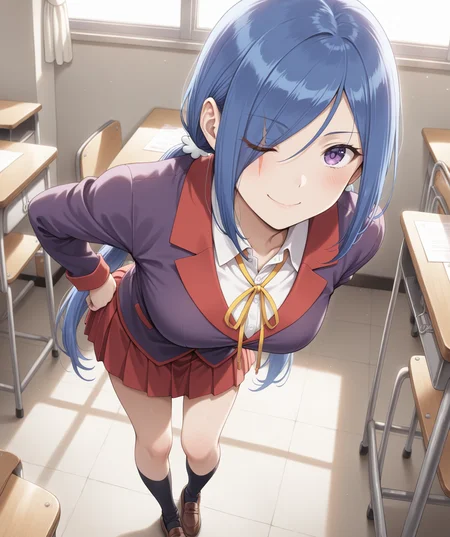 masterpiece, best quality, amazing quality, very aesthetic, ultra detail, clear line, (realistic:1.2), solo, <lora:yuki_v02:0.8>, yuki, very long hair, light blue hair, low twintails, hair ornament, purple eyes, hair over one eye, one eye closed, scar on right eye, winter uniform, dark purple jacket, white shirt, yellow string tie, red skirt, black socks, brown shoes, smile, everyday life, class room, indoor, <lora:LECO_BadHands:1.2>, <lora:LECO_GoodHands:-1.2>, <lora:cfg_scale_boost:0.7>