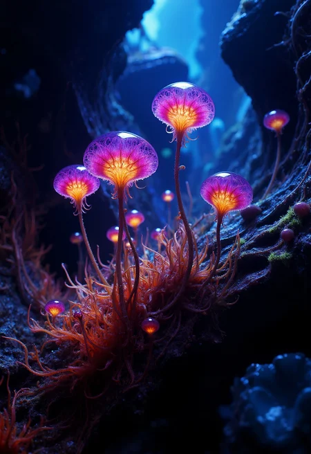 alientsplants mushrooms glowing under water, deep sea photogrpahy