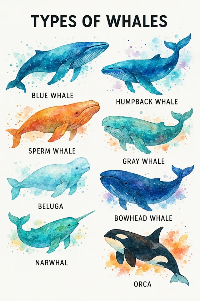 create an educational poster of different types of whales in an effervescent watercolor style. make the background pure white.