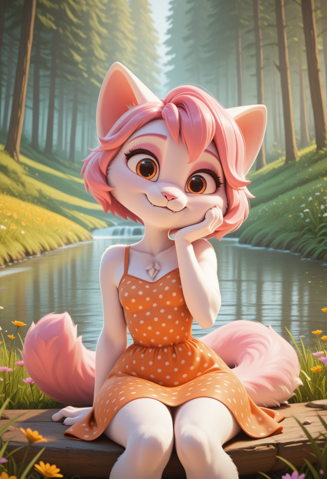 highly detailed, cartoon, cinematic, DisneyStudioXL, solo, female, (furry, anthro, cat), (white fur), fluffy fur, pink hair, short hair, orange eyes, fluffy tail, pink tail, small fangs, small breasts, shortstack, orange polka dot dress, happy, sitting, looking at viewer, head tilt, hand on cheek, close up, meadow, wildflowers, forest, stream, <lora:DisneyStudios_style:1>