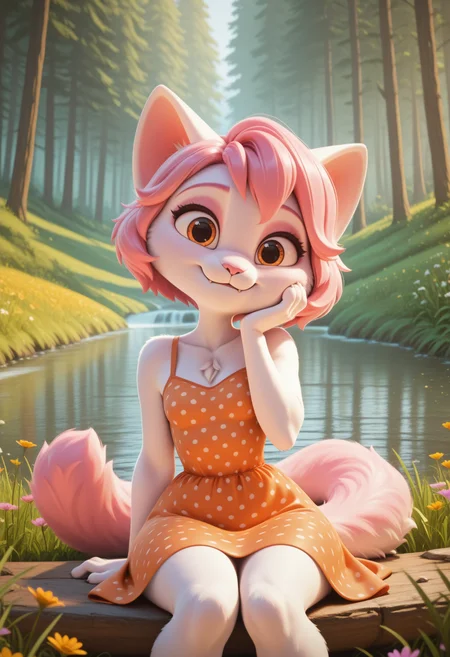 highly detailed, cartoon, cinematic, DisneyStudioXL, solo, female, (furry, anthro, cat), (white fur), fluffy fur, pink hair, short hair, orange eyes, fluffy tail, pink tail, small fangs, small breasts, shortstack, orange polka dot dress, happy, sitting, looking at viewer, head tilt, hand on cheek, close up, meadow, wildflowers, forest, stream, <lora:DisneyStudios_style:1>