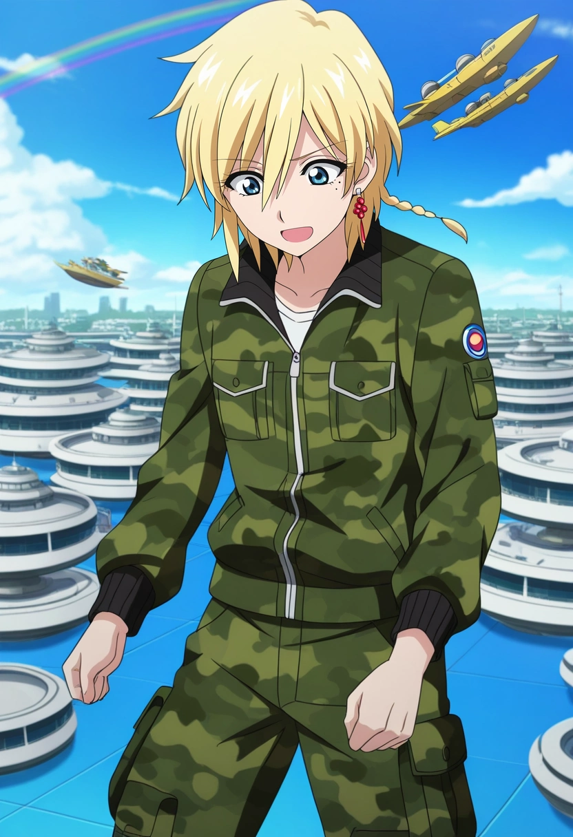 masterpiece, best quality, anime screencap, official style, anime coloring, cowboy shot, 1boy, solo, male focus, <lora:titus_alexius_ilxl:0.92>, titus_alexius, blonde hair, blue eyes, short hair, braid, mole, mole under eye, earrings, , cloud city, floating platforms, rainbow bridges, airships, looking down, vertigo angle, excited expression, Camo cargo pants, Muslin Honeycomb Track jacket, , ,