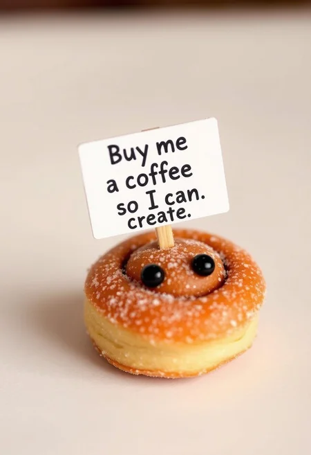 "A delicate, sugar-coated cinnamon roll, its surface a warm, golden brown, held a tiny, white sign, adorned with the words "Buy me a coffee so I can create" in bold, playful lettering. The cinnamon roll's eyes, two shiny, black dots, sparkled with a hint of mischief and creativity, as if it were a tiny, edible artist, waiting for inspiration to strike. The sign, held aloft by a tiny, sugar-coated hand, seemed to glow with a soft, warm light, as if it were a beacon of artistic expression, calling out to all who passed by. The background, a soft, creamy white, seemed to fade into the distance, allowing the cinnamon roll and its sign to take center stage, radiating a sense of whimsy and charm."