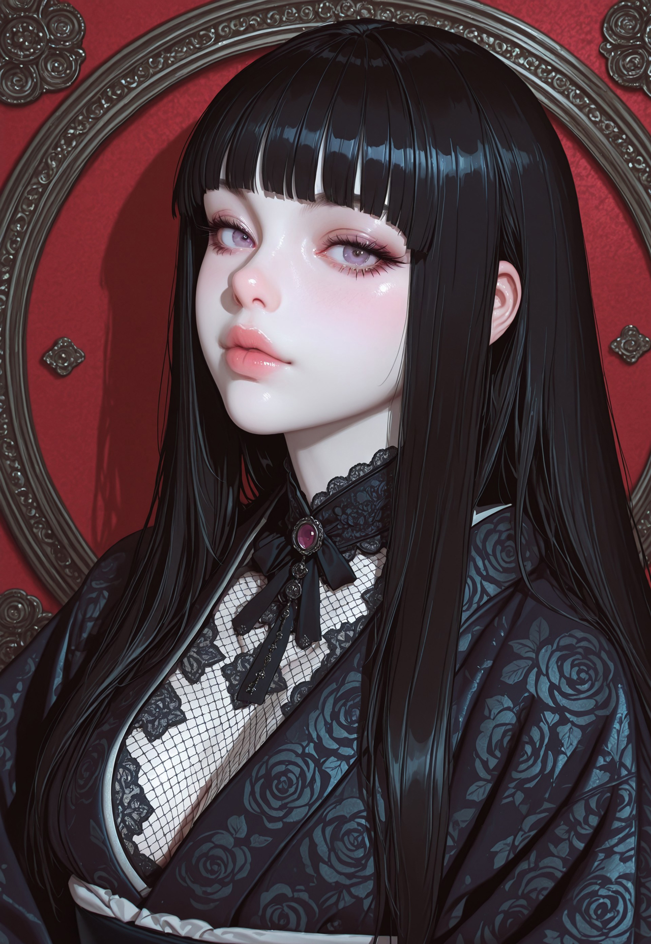 safe_pos, (((,masterpiece,amazing quality,best quality,ultra-detailed,8K,illustration, amazing quality, newest, absurdres, realistic))), vivid colors, ((source_realistic:1.6)), (score_9_up,score_8_up:1.3),score_6_up,score_7_up, BREAK morimee_style, cute face, 1girl,,gothic,bangs,pale skin,hime cut,victorian clothes,jewelry,hyper detailed,((details,laced patterns)),(((vintage))),kimono,sheer kimono,cleavage,