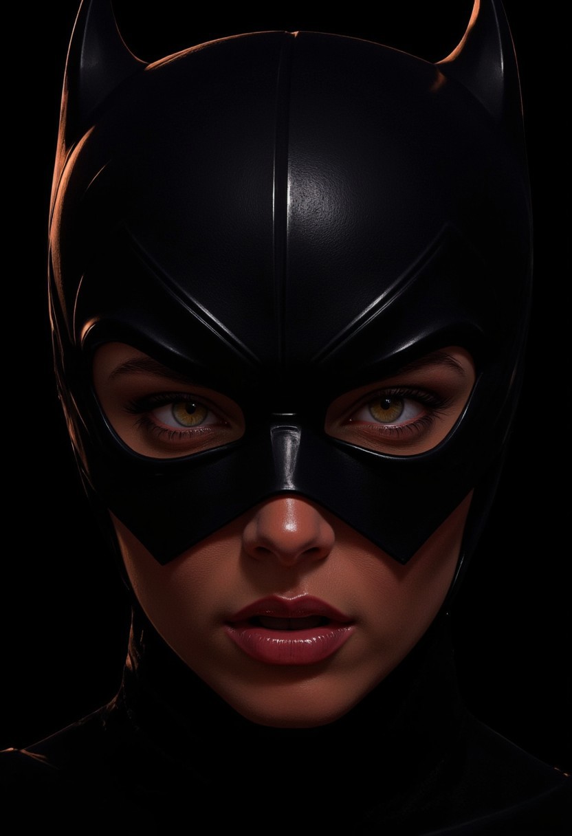 This is a photorealistic image depicting a confident busty Batgirl wearing a striking Venetian mask. 
Beneath the mask, her actual face is visible, showcasing an unexpected expression of pure ecstasy, often referred to as an "orgasm face." orgasmface, Her features are relaxed and blissful, with eyes half-closed and lips slightly parted in a euphoric smile. Subtle shadows accentuate her defined cheekbones, enhancing the unexpectedness of her expression. Her radiant skin glows in the light, adding to the sense of intensity and emotion.
The combination of the elegant Venetian mask and Batgirl's blissful expression creates a striking contrast, embodying the tension between her confident facade and the raw emotion lurking beneath, hinting at a powerful yet playful nature.