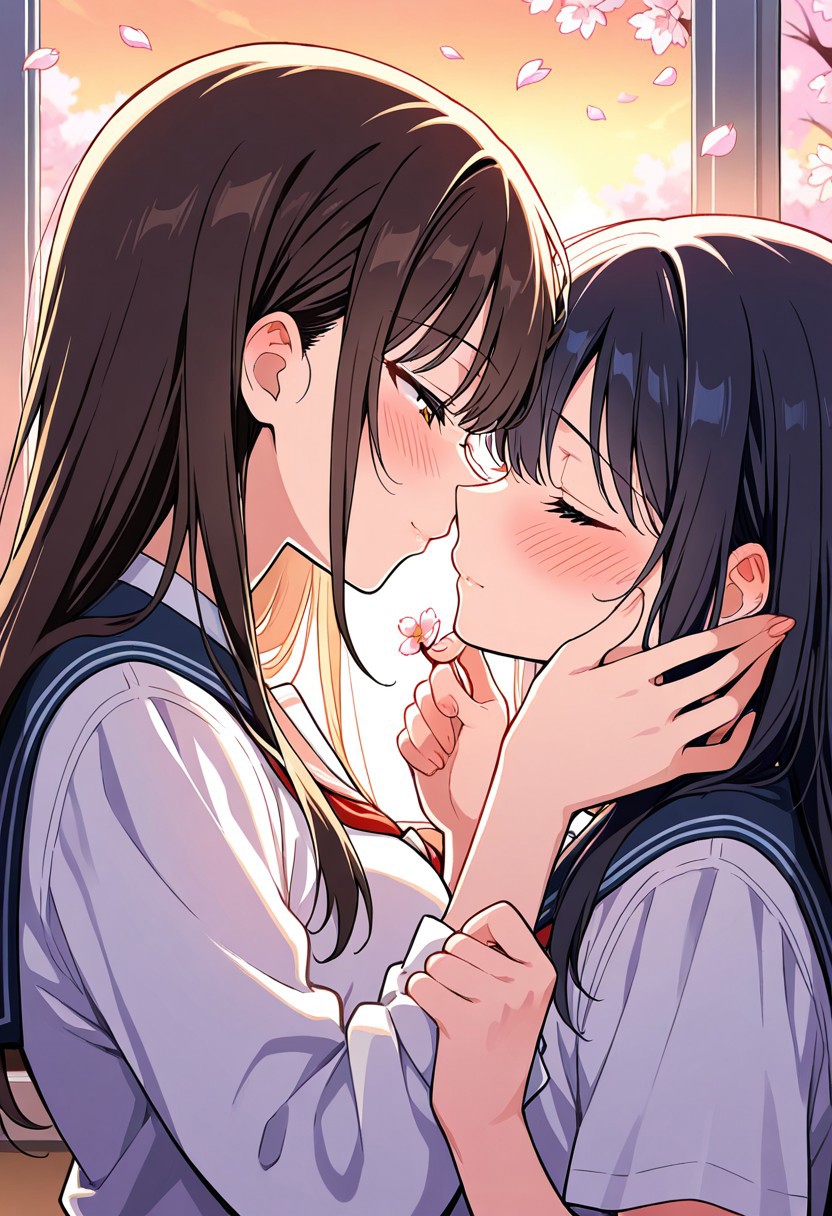 masterpiece, best quality,, 2girls in intimate moment, wearing school uniforms, soft embrace, close faces, blushing cheeks, lips almost touching, warm sunset lighting through classroom window, floating cherry blossom petals, delicate hand-holding, tender atmosphere,