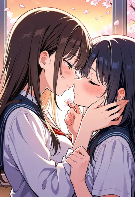 masterpiece, best quality,, 2girls in intimate moment, wearing school uniforms, soft embrace, close faces, blushing cheeks, lips almost touching, warm sunset lighting through classroom window, floating cherry blossom petals, delicate hand-holding, tender atmosphere,