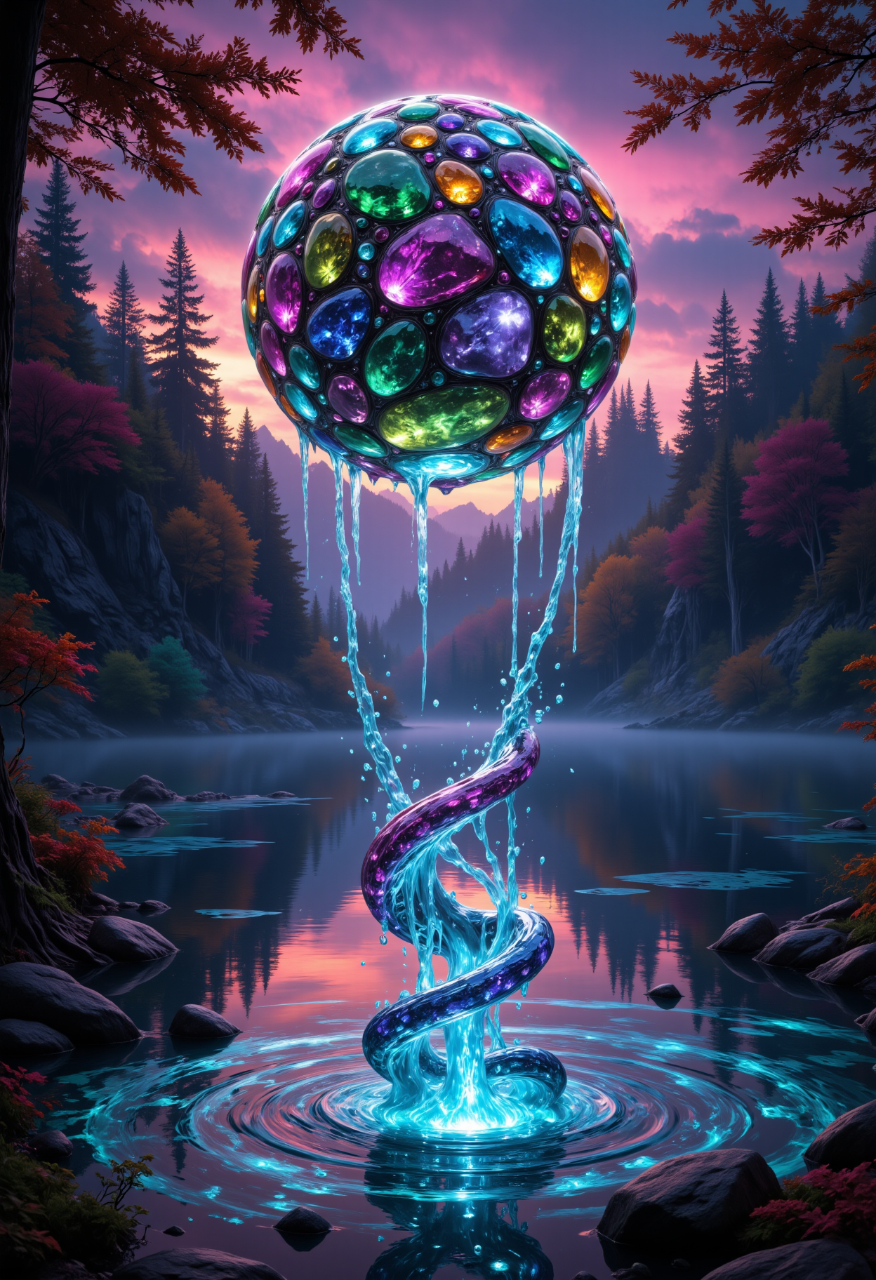 a still mysterious lake, colorful autumn forest background, overcast sky,  a bright brilliant and eerie light emits from the bottom of the lake, a spiraling helix of multiple water tendrils rises up twisting  out of the water, It reaches like ribbons for a large colorful glowing gemstone sphere that is levitating above the lake, mist, highly detailed and cinematic, aidmasoftglow , aidmaMJ6.1, aidmaHyperrealism<lora:MysticFantasydetailer:0.6> <lora:aidmaSoftGlow:0.8> <lora:aidmaHyperrealismv0.3:0.4> <lora:aidmaMJ6.1v0.4:0.4>