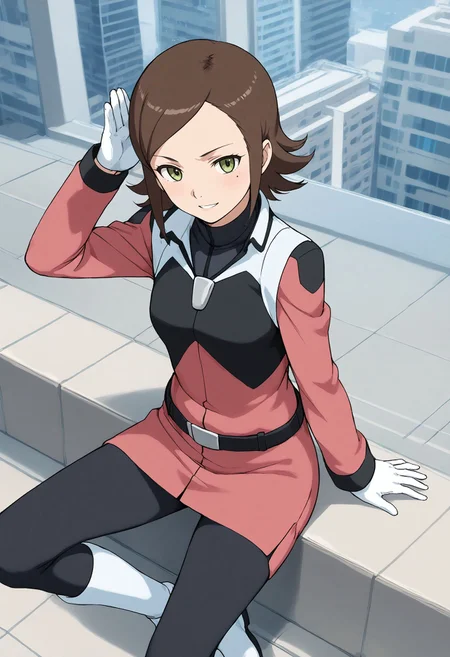 <lora:Hyper-SDXL-8steps-lora:1> <lora:Fixhands_anime_bdsqlsz_V1:1> zPDXL2, score_9, score_8_up, score_7_up, source_anime, intricate details, perfect anatomy BREAK
outdoors, city, tokyo, japan, skyscraper, audience, crowd, sitting, from above, salute,  thighs, Seductive, A sultry gaze, a slightly parted lips, and a hint of a smile.,, 1girl, solo, solo focus, 
<lora:GAGE-millais_alloy_XL(pony)v10:1> gage-millais, brown hair, medium hair, green eyes, gage-millais outfit, red dress, white gloves, red skirt, black pantyhose, white boots,