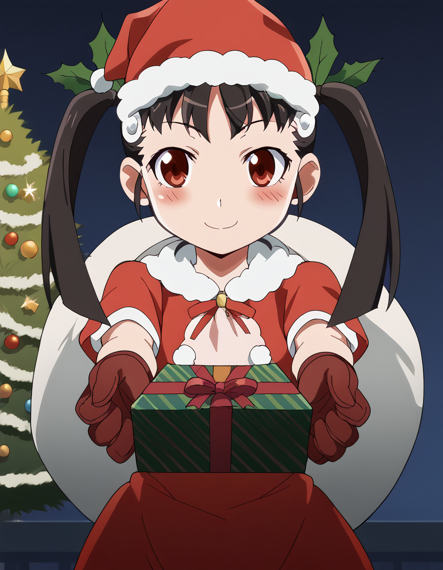 score_9, score_8_up, score_7_up, source_anime, <lora:mayoi-hachikuji-offmonster-ponyxl-lora-nochekaiser:1>, mayoi hachikuji, long hair, black hair, red eyes, ribbon, twintails, hair ribbon, hairband, anime screencap, <lora:santa-costume-ponyxl-lora-nochekaiser:1>, santa costume, santa hat, christmas, sack, merry christmas, gift, fur-trimmed headwear, holding sack, santa dress, fur-trimmed dress, christmas tree, christmas tree, fur trim, red capelet, gift box, red gloves, fur-trimmed capelet, santa gloves, red hat, hat,, smile, blush, looking at viewer, <lora:incoming-gift-ponyxl-lora-nochekaiser:1>, incoming gift, outstretched arms, holding, holding gift, gift, gift box,, , dutch angle, cowboy shot