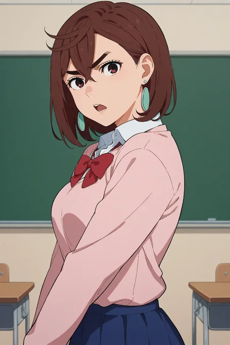 score_9, score_8_up, score_7_up, source_anime, 1girl, prefect lighting, very aesthetic, intricate details, highly detailed background, masterpiece, high quality, prefect hands, best quality, solo,
<lora:Momo_Ayase_Dandadan_V1:.85>, KJOmomo, brown hair, dark eyes, medium hair, hair between eyes, thick eyebrows, earrings,
puffy socks, white collared shirt, oversized pink pullover, long sleeves, red bow, blue short skirt, untucked shirt,
arm at side, serious, from side, looking at viewer, open mouth, what,
classroom, daytime,
(Beautiful, medium Breasts:1.2), natural breasts,