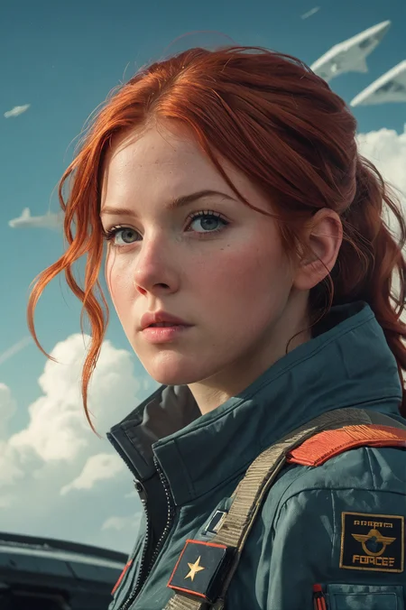 (best quality, high quality:1.3), (realistic, photorealistic, absurdres:1.2), complex, (pilot:1.3), young female, red hair, flight suit, science fiction, (complex composition:1.4), hyperrealistic,, space force, military airforce,  <lora:add-detail-xl:1> <lora:CinematicStyle_v1:0.8> <lora:Futuristic_Retro_Vibes:0.5> Retro Futuristic Image, dof, simple sky,